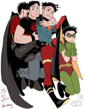  2011 4boys batman_(series) belt black_hair blue_eyes boots cape conner_kent dc_comics denim domino_mask dual_persona eye_mask frown gloves green_gloves hug jeans jika-tabi kon-el mask multiple_boys multiple_persona pants red_gloves red_robin ricken robin_(dc) s_shield shirt smile split-toe_footwear superboy superman_(series) t-shirt tim_drake time_paradox unworn_headwear wristband  rating:Sensitive score:11 user:nrt