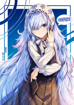  1girl absurdres blue_background border brown_dress closed_mouth collared_shirt commentary_request cowboy_shot dress gothic_lolita hair_over_one_eye hairband headscarf highres holding holding_notebook holding_pen kyouko_kasa lolita_fashion lolita_hairband long_hair long_sleeves looking_at_viewer mahou_shoujo_no_majo_saiban nail_polish natsume_an-an notebook official_alternate_costume pen plaid_clothes plaid_dress purple_eyes shirt solo speech_bubble treasure_cafe white_border white_headscarf white_shirt 