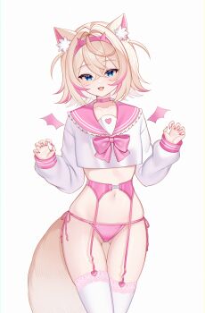  1girl :d absurdres animal_ear_fluff animal_ears blonde_hair blue_eyes bow bowtie choker claw_pose commentary cowboy_shot cropped_shirt crossed_bangs demcheg demon_wings detached_wings dog_ears dog_girl dog_tail double-parted_bangs fake_horns frilled_sailor_collar frilled_shirt_collar frills hair_between_eyes hair_intakes hairband hands_up highres hololive hololive_english horn_hairband horns long_sleeves looking_at_viewer mini_wings mococo_abyssgard multicolored_hair navel no_pants open_mouth panties pink_bow pink_bowtie pink_choker pink_garter_belt pink_hairband pink_panties pink_sailor_collar pink_streaks sailor_collar sailor_shirt shirt short_hair side-tie_panties simple_background smile solo standing stomach streaked_hair symbol-only_commentary tail two_side_up underwear virtual_youtuber white_background white_shirt wings 