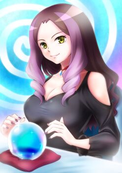  1girl anematsuri_hitomi_annette bare_shoulders breasts choker cleavage dress highres kyoukai_no_rinne long_hair nail_polish purple_hair smile yellow_eyes  rating:Sensitive score:2 user:wereAR