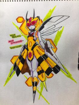 abdomen_tail abz_designs antennae arthropod_girl bee bee_girl beedrill black_dress bob_cut bug character_name colored_skin compound_eyes dress english_text expressionless forehead_jewel fusion gardevoir gem gen_1_pokemon gen_3_pokemon gen_4_pokemon highres honeycomb_(pattern) honeycomb_background insect insect_girl insect_wings marker_(medium) mega_beedrill mega_gardevoir mega_pokemon nintendo no_hands no_humans pen_(medium) pokemon pokemon_(creature) red_eyes red_gemstone showgirl_skirt sketchbook spiked_feet stinger strapless strapless_dress traditional_media two-tone_dress vespiquen white_skin wings yellow_dress
