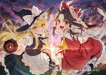  2girls apron ascot black_hat black_shoes black_skirt black_vest blonde_hair blush bow braid brown_eyes brown_hair cloud commentary_request copyright_notice ctd_114 detached_sleeves frilled_bow frilled_hair_tubes frilled_skirt frills grin hair_bow hair_tubes hakurei_reimu hat hat_bow highres holding_hands interlocked_fingers kirisame_marisa long_hair looking_at_viewer mary_janes multiple_girls official_art open_mouth red_bow red_skirt ribbon-trimmed_sleeves ribbon_trim shoes side_braid single_braid skirt skirt_set smile socks touhou touhou_danmaku_kagura very_long_hair vest waist_apron white_apron white_socks witch_hat yellow_ascot yellow_eyes 