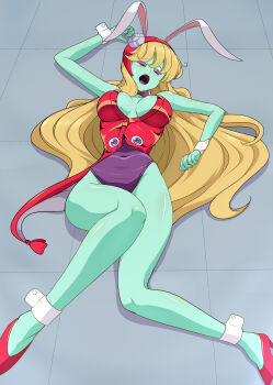  1girl :o absurdres animal_ears asaricurry bare_legs bare_shoulders bishoujo_senshi_sailor_moon bishoujo_senshi_sailor_moon_supers blonde_hair breasts candy_girl cleavage closed_eyes colored_skin covered_navel curvy defeat demon_girl detached_collar extra_eyes eyelashes fake_animal_ears floor full_body green_skin highleg highleg_leotard highres large_breasts legs_together lemures_(sailor_moon) leotard long_hair lying moaning monster_girl on_back peropero_(sailor_moon) purple_leotard rabbit_ears red_vest revealing_clothes slime_girl tears very_long_hair vest wavy_hair 