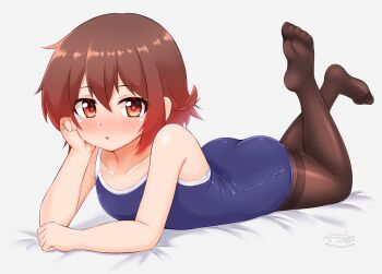 1girl alternate_costume ass blue_one-piece_swimsuit breasts brown_hair brown_pantyhose commentary_request competition_school_swimsuit feet_up gradient_hair highres kantai_collection lying multicolored_hair mutsuki_(kancolle) on_stomach one-piece_swimsuit pantyhose pantyhose_under_swimsuit red_eyes red_hair school_swimsuit short_hair small_breasts solo swimsuit the_pose thighband_pantyhose zanne 
