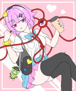  alternate_costume character_doll cup daikoko doll fumo_(doll) hair_ornament heart heart_hair_ornament highres holding holding_cup komeiji_satori nail_polish pink_background pink_eyes pink_hair third_eye touhou 