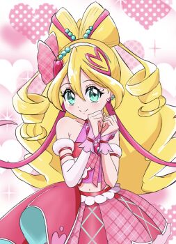  1girl asymmetrical_gloves blonde_hair blue_eyes brooch closed_mouth commentary cropped_shirt cure_idol detached_sleeves double_bun drill_hair earrings gloves hair_bun hair_ornament hair_ribbon half_gloves heart heart_background heart_brooch heart_hair_ornament heart_hair_strand jewelry jszm7333_kobo kimi_to_idol_precure long_hair looking_at_viewer magical_girl midriff miniskirt multicolored_hair navel own_hands_together pink_gloves pink_shirt pink_skirt precure puffy_detached_sleeves puffy_sleeves ribbon shirt skirt sleeveless sleeveless_shirt smile solo standing streaked_hair two-tone_hair very_long_hair 