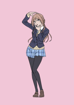  1girl :p absurdres black_pantyhose blazer blue_jacket blue_ribbon blue_skirt brown_shoes chise_(ll158o) commentary_request full_body gakuen_idolmaster hatsuboshi_gakuen_school_uniform highres himesaki_rinami idolmaster iris_out_(song) jacket loafers long_hair long_sleeves looking_at_viewer neck_ribbon pantyhose pink_background pleated_skirt ribbon school_uniform shirt shoes simple_background skirt solo sweater tongue tongue_out white_shirt yellow_sweater 