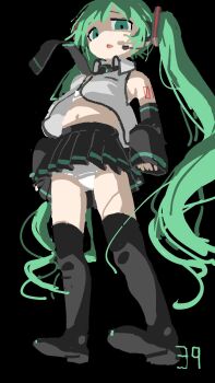  1girl 39 black_background black_boots black_skirt boots detached_sleeves floating_clothes from_below full_body green_eyes green_hair hatsune_miku highres invisible_floor jitome long_hair looking_at_viewer microskirt midriff_peek necktie non-web_source panties partially_open_shirt shaded_face shirt shoulder_tattoo skirt sleeveless sleeveless_shirt sleeves_past_wrists solo standing tattoo thigh_boots tsukumizu_yuu twintails underwear upskirt very_long_hair vocaloid white_panties 