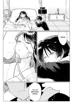  1boy 1girl alternate_costume alternate_universe bed blunt_bangs blunt_ends cabinet casual choppy_bangs closed_eyes closed_mouth collarbone contemporary cup english_text eyelashes facing_another facing_up fingernails genshin_impact greyscale hand_on_own_stomach head_rest highres hood hoodie hospital hospital_bed hospital_gown indoors intravenous_drip iv_stand long_hair long_sleeves looking_to_the_side lying monochrome mother_and_son on_back on_bed oxygen_mask raiden_shogun scaramouche_(genshin_impact) sick speech_bubble swept_bangs unconscious vase yaginori 