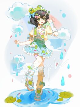  1girl animal_hat asymmetrical_legwear belt blue_bow bow braid brown_hair cloud eyelashes flower frilled_skirt frills frog_hat full_body green_belt green_eyes hair_between_eyes hair_intakes hair_ornament hairpin hand_up hat hat_bow hat_flower hat_ornament highres kneehighs lily_pad liu_letian looking_at_viewer mismatched_legwear open_mouth original pink_bow puffy_short_sleeves puffy_sleeves rain sample_watermark shirt shoes short_hair short_sleeves skirt socks solo teeth upper_teeth_only water water_drop watermark white_flower 