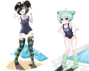  2girls ahoge character_name elfinpsyop frog_girl indie_virtual_youtuber loli multiple_girls nonoxnobody rebbi_rompin school_swimsuit standing swimsuit torn_stockings  rating:Sensitive score:5 user:tyciol