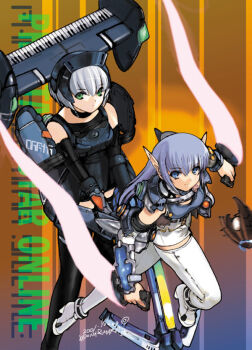  2girls arm_guards armor ball baseball_(object) baseball_glove black_boots black_choker black_dress black_helmet black_sleeves blue_eyes blue_tank_top boots bow_(weapon) breasts choker closed_mouth commentary_request copyright_name crossbow dated detached_sleeves dress dual_wielding energy_sword green_eyes helmet high_heel_boots high_heels holding holding_crossbow holding_sword holding_weapon instrument looking_at_viewer medium_breasts miniskirt multiple_girls orion_(orionproject) phantasy_star phantasy_star_online piano pointy_ears purple_hair short_dress short_hair shoulder_armor skirt sleeveless sleeveless_dress smile sword tank_top thigh_boots weapon white_boots white_hair white_skirt white_sleeves 