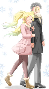 1boy 1girl arm_hug black_hair blonde_hair blush boots breasts clinging closed_eyes emily_stewart grabbing_another's_arm happy height_difference highres idolmaster idolmaster_million_live! legs long_hair namco open_mouth pants pantyhose producer_(idolmaster) scarf short_hair small_breasts smile snowflakes surprised thighs tongue twintails walking