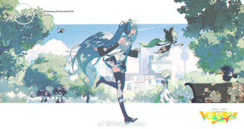  1girl aqua_hair architecture bare_shoulders blue_necktie blue_sky boots cloud commentary_request copyright_logo detached_sleeves earphones from_side gen_5_pokemon hatsune_miku highres legendary_pokemon logo long_hair meloetta mythical_pokemon necktie nintendo official_art outdoors pleated_skirt pokemon profile project_voltage rella sidelocks skirt sky thigh_boots tree twintails vocaloid watermark weibo_username weibo_watermark 