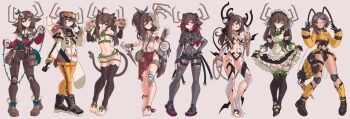  1boy absurdres action_camera animal_ears animal_hands antlers barefoot bee_costume black_jacket bodypaint boots brown_hair cat_ears cat_paws cat_tail chain christmas_lights collar commentary cropped_jacket crossdressing crossdressing_(mtf) dark-skinned_male dark_skin deer_antlers deer_boy dreamcatcher dress english_commentary frilled_dress frills goggles green_eyes grey_background grey_jacket highres horns jacket looking_at_viewer maid multicolored_jacket multiple_views navel one_eye_closed original red_jacket revealing_clothes simple_background ski_goggles snowboard tail thighhighs trap video_camera virtual_youtuber white_jacket zhvo zhvo_(character) 