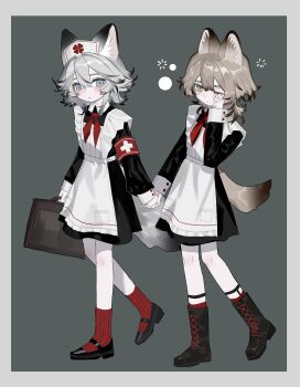  1cyaya1 2girls absurdres animal_ear_fluff animal_ears apron armband black_dress black_shoes blue_eyes blush boots border briefcase brown_hair cat_ears cat_girl cat_tail commentary_request cross dress full_body fuwa_(1cyaya1) grey_background grey_hair hat highres holding holding_briefcase holding_hands legwear_garter leka_(1cyaya1) long_sleeves multiple_girls necktie nurse_cap original red_cross red_necktie red_socks rubbing_eyes shoes short_hair socks squeans tail white_apron white_border yellow_eyes 