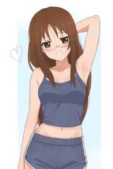  1girl andreypavlow armpits bare_arms bare_shoulders blue_shorts blush breasts brown_eyes brown_hair collarbone commentary cowboy_shot crop_top glasses grin highres k-on! long_hair looking_at_viewer medium_breasts midriff navel semi-rimless_eyewear short_shorts shorts simple_background smile solo sportswear tank_top white_background yamanaka_sawako 
