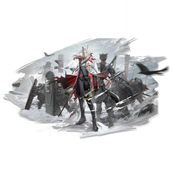  2boys animal_ears arknights armor bird black_boots black_gloves boots cape cat_ears cat_tail coat flag full_body gloves hellagur_(arknights) hellagur_(octopath_illusion)_(arknights) highres holding holding_polearm holding_shield holding_sword holding_weapon jacket liduke long_hair long_sleeves multiple_boys official_alternate_costume official_art pants polearm red_cape sheath shield shirt snow soldier standing sword tail transparent_background weapon 