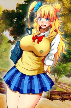  1girl arms_behind_back asymmetrical_hair bag bench blonde_hair blue_eyes blue_scrunchie blue_skirt blush bow bowtie breasts collared_shirt day dutch_angle earrings fangs galko gyaru hair_bun hair_ornament hair_scrunchie highres impossible_clothes impossible_vest itachou jewelry large_breasts long_hair looking_at_viewer one_side_up open_mouth oshiete!_galko-chan outdoors park_bench plaid_clothes plaid_skirt red_bow red_bowtie school_bag school_uniform scrunchie shirt single_side_bun skirt sleeves_rolled_up solo standing stud_earrings sweater_vest tree v-shaped_eyebrows white_shirt yellow_sweater_vest  rating:Sensitive score:30 user:danbooru