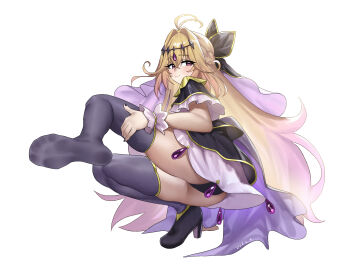  1girl absurdres blonde_hair cure_arcana_shadow feet highres light_blush long_hair looking_at_viewer meitantei_precure! moria_luluka panties pantyshot precure purple_eyes shangdi_de_fa_zhang shoes single_shoe smile soles thighhighs toes underwear 