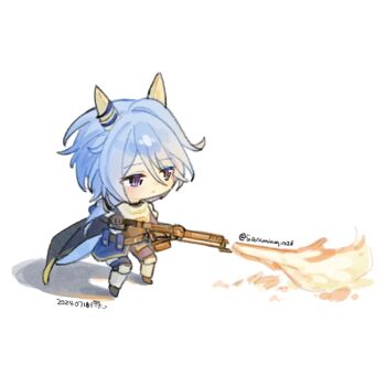  1girl animal_ears blue_eyes blue_hair blue_pants blue_tunic cape chibi chibi_only closed_mouth commentary_request ear_covers flamethrower hair_between_eyes highres holding holding_flamethrower holding_weapon horse_ears horse_girl k.s.miracle_(umamusume) leg_armor long_sleeves pants saramiao-chan short_hair simple_background solo tunic umamusume weapon white_background 