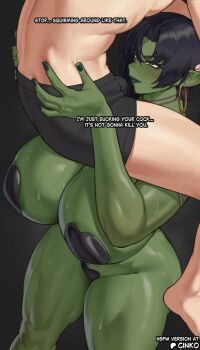  1boy 1girl arm_tattoo artist_name berzoka_(cinko) black_hair blush breasts bulge c-string carrying_over_shoulder cinko colored_skin earrings erection erection_under_clothes female_orc femdom green_lips green_nails green_skin hetero highres hoop_earrings huge_breasts imminent_fellatio interspecies jewelry male_underwear muscular_legs neck_tattoo orc original pasties pointy_ears short_hair strapless_bottom tattoo underwear yellow_eyes 