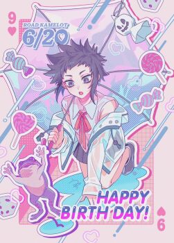  1girl birthday black_shoes black_skirt blue_jacket blue_umbrella border candy card card_background collared_shirt d.gray-man dice english_text food frog gradient_umbrella hand_on_floor happy_birthday heart heart-shaped_food heart-shaped_lollipop highres holding holding_umbrella jacket jacket_partially_removed kneeling legs lero lollipop looking_at_animal messy_hair miniskirt open_clothes open_jacket open_mouth outside_border pink_background pink_border pink_ribbon playing_card purple_eyes purple_hair purple_umbrella rain ribbon road_kamelot see-through_clothes see-through_jacket shaped_lollipop sheet_ghost shirt shoes short_hair sidelocks skirt sleeveless sleeveless_shirt solo spiked_hair thighs umbrella uzura-000 water_drop wet_floor white_shirt 