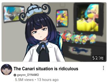  2girls absurdres belt blue_belt blunt_bangs canari_(pokemon) canari_plush_(pokemon) coat cr1tikal dress eelektross english_text gen_5_pokemon gradient_hair gwynn_(pokemon) hat highres matt_estrela multicolored_hair multiple_girls nintendo pokemon pokemon_(creature) pokemon_legends:_z-a purple_eyes purple_hair solo stuffed_toy upper_body white_coat youtube 