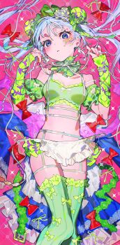  1girl absurdres apron bare_shoulders blue_dress blue_eyes breasts collarbone commentary_request detached_sleeves dress frilled_apron frilled_thighhighs frills green_sleeves green_thighhighs grey_hair hands_up highres long_hair long_sleeves looking_at_viewer mika_pikazo navel original parted_lips pink_background puffy_short_sleeves puffy_sleeves short_sleeves small_breasts solo thighhighs twintails unworn_dress very_long_hair waist_apron white_apron 