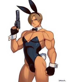  1boy absurdres animal_ears bulge fake_tail highres leon_s._kennedy leotard male_focus male_playboy_bunny muscular muscular_male pectorals playboy_bunny rabbit_ears rabbit_tail resident_evil smgold solo tail 