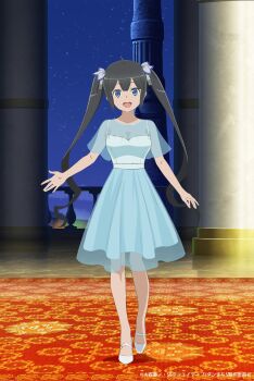  1girl absurdres alternate_costume artist_request bare_legs black_hair blue_dress blue_eyes commentary_request dress dungeon_ni_deai_wo_motomeru_no_wa_machigatteiru_darou_ka full_body hair_ornament hestia_(danmachi) highres layered_dress minase_inori official_art open_mouth see-through_clothes see-through_dress shoes twintails white_shoes 