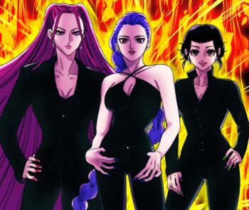  3girls black_hair black_jacket black_shirt blunt_bangs braid braided_ponytail charlie's_angels closed_mouth criss-cross_halter double_bun earrings fire hair_bun halterneck high_collar highres jacket jewelry kpop_demon_hunters long_hair looking_at_viewer mira_(kpop_demon_hunters) multiple_girls oolelele pink_hair purple_hair rumi_(kpop_demon_hunters) shirt smile twintails very_long_hair zoey_(kpop_demon_hunters) 