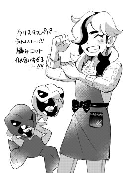  1boy absurdres apron arven_(holiday_2025)_(pokemon) arven_(pokemon) bras_d'honneur closed_eyes commentary_request greyscale hair_over_one_eye highres k_lisl male_focus monochrome nintendo official_alternate_costume pokemon pokemon_(creature) pokemon_masters_ex scovillain sweater translation_request 
