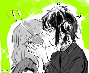  ! !! 2girls absurdres blush commentary english_commentary eye_contact greyscale_with_colored_background headphones highres kininatteru_hito_ga_otoko_ja_nakatta koga_mitsuki long_hair long_sleeves looking_at_another multiple_girls nail_polish neionzero oosawa_aya photo-referenced short_hair upper_body yuri 