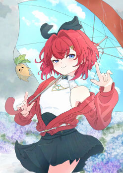 1girl a_world_underneath ange_katrina ange_katrina_(2nd_costume) belt black_bow black_skirt blue_eyes blue_umbrella blush bow breasts character_charm charm_(object) closed_mouth collared_shirt commentary_request cowboy_shot floating_clothes flower gold_necklace grey_sky hair_bow hair_intakes hair_ornament half-closed_eyes halter_shirt halterneck hand_up high-waist_skirt highres holding holding_umbrella index_finger_raised jacket jewelry long_sleeves looking_at_viewer mandragora_(ange_katrina) medium_hair miniskirt necklace nijisanji open_clothes open_jacket outdoors pleated_skirt purple_flower red_hair red_jacket red_umbrella shirt shirt_tucked_in single_bare_shoulder skirt sky sky_print small_breasts smile solo split_mouth teramonaka123 triangle_hair_ornament two-sided_umbrella umbrella virtual_youtuber white_belt white_shirt