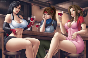  3girls abs absurdres aerith_gainsborough alcohol artist_logo black_dress black_hair blue_shirt bottle breasts brown_eyes brown_hair cleavage crossed_legs cup dress drink drinking_glass female_focus final_fantasy final_fantasy_vii final_fantasy_vii_remake flowerxl gloves green_eyes hands_on_face highres jacket jessie_rasberry large_breasts logo long_hair multiple_girls pale_skin pink_dress red_jacket seventh_heaven shirt sitting square_enix thick_thighs thighs tifa_lockhart watermark web_address wine wine_bottle wine_glass 