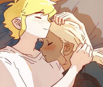  1boy 1girl alternate_costume blonde_hair blush closed_eyes commentary_request contemporary dark-skinned_female dark_skin hug link long_hair nintendo on_bed pillow pointy_ears profile senzo6700 shadow shirt short_hair sleeping smile tetra the_legend_of_zelda the_legend_of_zelda:_the_wind_waker toon_link white_shirt 