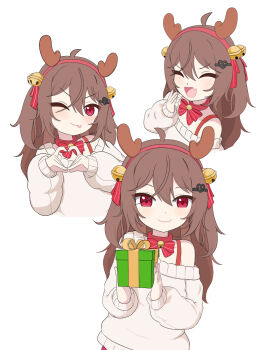  1girl ahoge antlers broken_heart broken_heart_hair_ornament brown_hair closed_mouth commentary cropped_torso english_commentary evil_neuro-sama fang gift hair_between_eyes hair_ribbon heart highres holding holding_gift horns long_hair long_sleeves multiple_views neuro-sama nokkopi one_eye_closed open_mouth red_eyes red_ribbon reindeer_antlers ribbon skin_fang smile sweater tongue tongue_out two_side_up vedal_ai virtual_youtuber white_sweater 