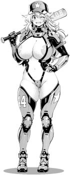  1girl areola_slip baseball_bat baseball_cap boots breasts center_opening commentary_request full_body hand_on_own_hip hat huge_breasts leotard long_hair looking_at_viewer monochrome one_eye_closed rakko_(r2) revealing_clothes sandy_bash smile standing suketto_sanjou! thigh_boots 
