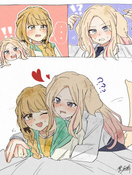  2girls ? ?? animal_ears blonde_hair blush braid commentary dog_ears dog_girl dog_tail fang fujita_kotone gakuen_idolmaster haniwa_hayate heart heart-shaped_pupils highres idolmaster juo_sena lying lying_on_person multiple_girls on_stomach one_eye_closed open_mouth pink_streaks purple_eyes shirt sweat symbol-only_commentary symbol-shaped_pupils tail twin_braids white_shirt yellow_eyes yellow_shirt yuri 