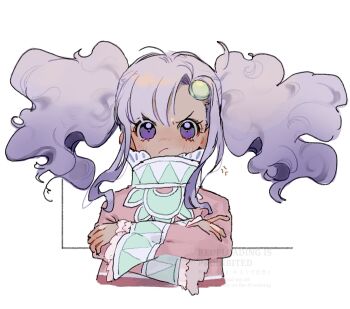  1girl :/ anger_vein angry commentary_request crossed_arms dark-skinned_female dark_skin dress forehead_jewel frilled_sleeves frills highres long_hair looking_at_viewer meredy_(tales) nancykittyu pout purple_eyes purple_hair solo tales_of_(series) tales_of_eternia twintails upper_body v-shaped_eyebrows 