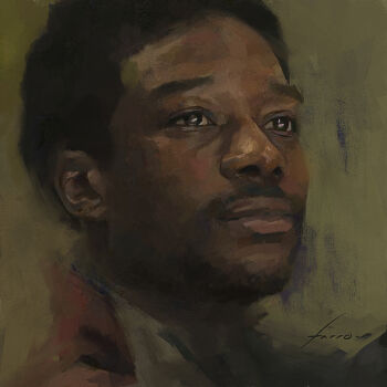  1boy absurdres artist_name black_hair brown_background brown_eyes close-up commentary dark-skinned_male dark_skin english_commentary facial_hair goatee henry_(the_last_of_us) highres lamar_johnson looking_to_the_side male_focus portrait real_life realistic signature simple_background solo the_last_of_us the_last_of_us_(series) viktor_farro 