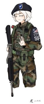  1girl assault_rifle beret black_hat bulletproof_vest camouflage camouflage_pants closed_eyes commentary_request emblem gun hat highres holding holding_gun holding_weapon korean_commentary long_sleeves m16 m16a1 m16a2 merry_panic_(dankira!!!) military military_combat_uniform military_fatigues military_police military_uniform original pants rifle soldier user_dwmr8542 weapon woodland_camouflage 