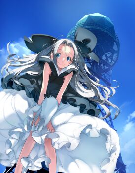  1girl absurdres bent_over black_bow blue_eyes blue_sky bow cloud cloudy_sky frilled_skirt frills from_below fukuda_tomonori grey_hair hair_between_eyes hair_bow hands_on_own_knees highres hooded_dress knees_together_feet_apart leaning_forward long_hair long_skirt official_art radome robotics;notes science_adventure shiny_skin sidelocks skirt sky sleeveless smile solo stray_hair very_long_hair white_skirt yukifune_airi 