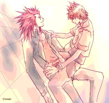  >:( 2boys alternate_costume axel_(kingdom_hearts) between_legs black_shirt blonde_hair clothes_grab commentary dutch_angle english_commentary english_text facial_mark frown green_jacket illbewaiting jacket kingdom_hearts kingdom_hearts_ii knee_up long_hair long_sleeves lying male_focus multiple_boys on_back open_clothes open_jacket orange_shirt red_hair roxas shirt short_sleeves spiked_hair straddling upper_body v-shaped_eyebrows white_jacket yaoi yellow_theme 