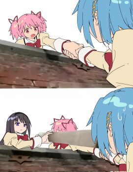  3girls akemi_homura ban45601 black_hair black_hairband blue_hair bow bowtie brick_wall corrupted_twitter_file furrowed_brow hair_ornament hairband hairclip highres holding_hands holding_plank it's_always_sunny_in_philadelphia kaname_madoka long_sleeves looking_at_another mahou_shoujo_madoka_magica miki_sayaka mitakihara_school_uniform multiple_girls photo-referenced photo_background pink_eyes pink_hair plank red_bow red_bowtie scene_reference school_uniform short_hair short_twintails twintails white_background 