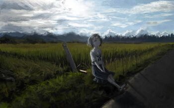  1girl absurdres black_hair cloud cloudy_sky commentary_request field gauze gauze_on_cheek highres kisaragi4050 landscape medium_skirt original outdoors pleated_skirt rice_paddy sailor_collar school_uniform serafuku shirt short_hair short_sleeves sitting skirt sky solo v_arms white_sailor_collar white_shirt 