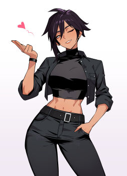  1girl absurdres belt black_hair black_jacket black_pants black_shirt breasts brown_eyes closed_mouth commentary crop_top dark-skinned_female dark_skin dispatch earrings english_commentary hair_between_eyes hand_in_pocket heart highres invisigal_(dispatch) jacket jewelry long_sleeves medium_breasts midriff navel no_piercings nokaa_aru one_eye_closed pants shirt simple_background solo watch white_background wristwatch  rating:General score:36 user:danbooru