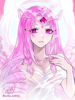  1girl angel angel_wings breasts commentary_request cookie_run cookie_run:_kingdom demon_girl dress eternal_sugar_cookie eunha_milktea halo humanization korean_commentary long_hair looking_at_viewer pink_eyes pink_hair smile solo upper_body very_long_hair white_dress wings 
