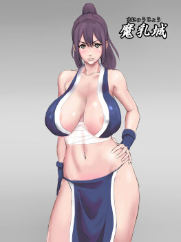  1girl areola_slip bad_id bad_pixiv_id bare_shoulders blush breasts brown_eyes brown_hair contrapposto covered_erect_nipples curvy fatal_fury female_focus fingerless_gloves gloves hand_on_own_hip high_ponytail highres hip_focus huge_breasts impossible_clothes lips loincloth midriff navel ninja no_panties pelvic_curtain ponytail sagging_breasts sarashi see-through_clothes shiny_skin shiranui_mai sideboob snk solo standing tetsu_(suchiiru_mania) the_king_of_fighters  rating:Questionable score:40 user:danbooru